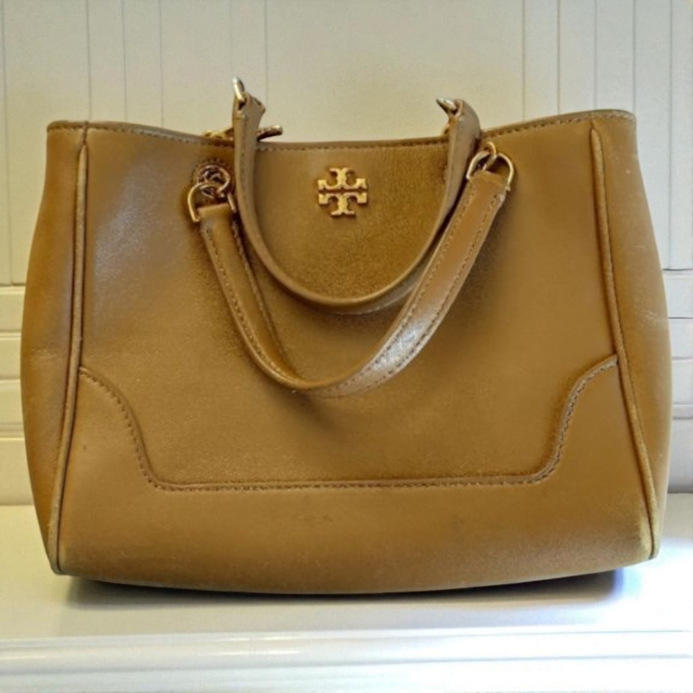 Tory Burch Tan Structured Tote with Gold Logo